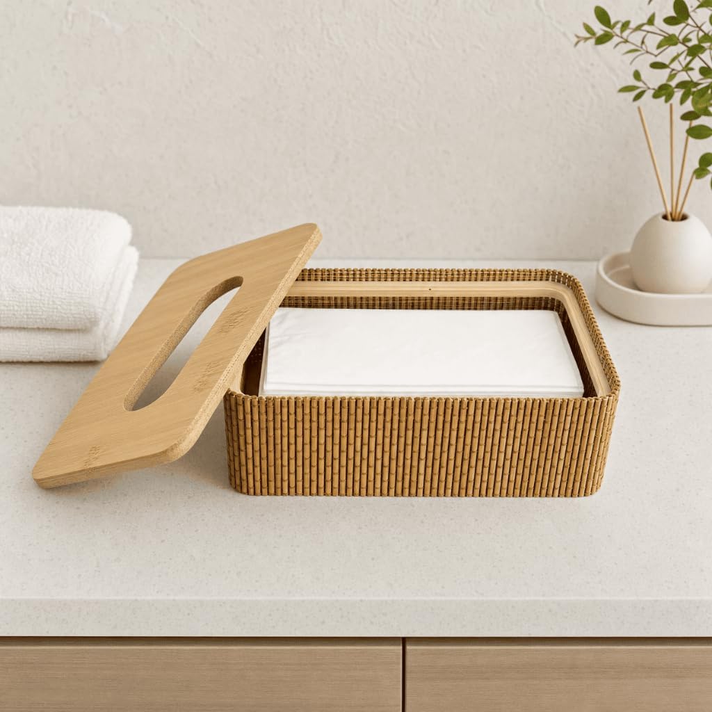 Boîte de rangement en bambou pour lingettes humides et essuie-tout