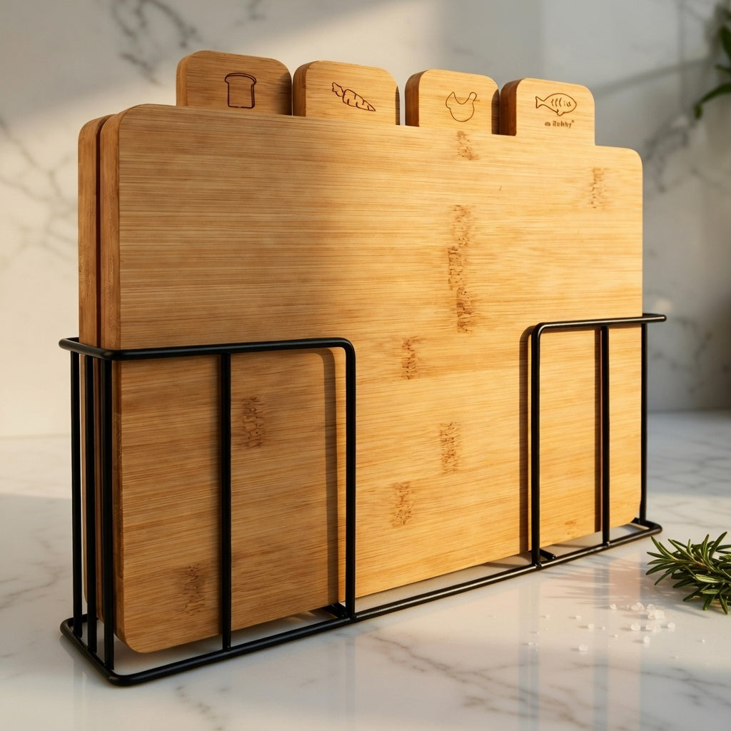 Ensemble de planches à découper en bambou avec support