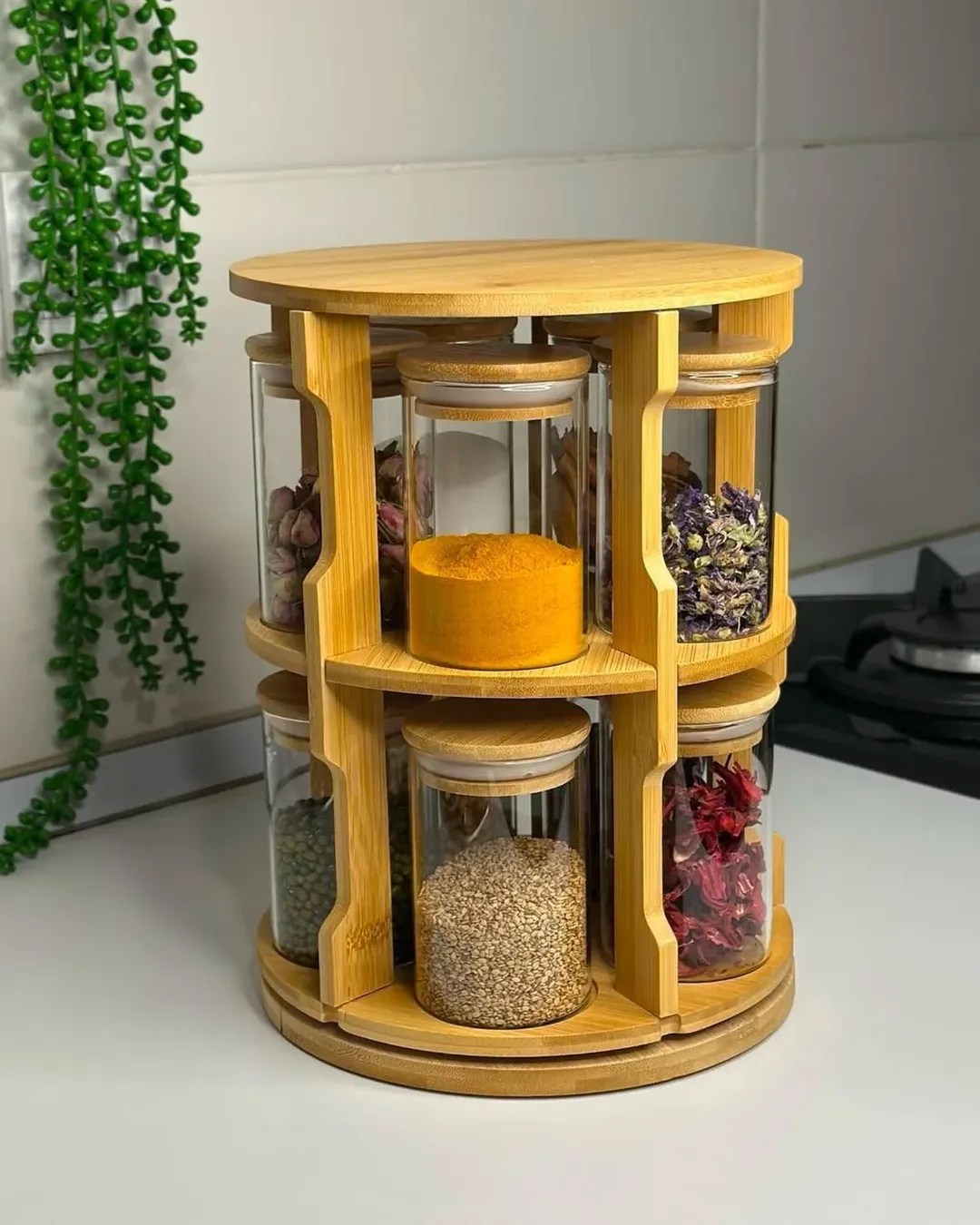 Étagère à Épices Rotative 360° en Bois et 10 Bocaux