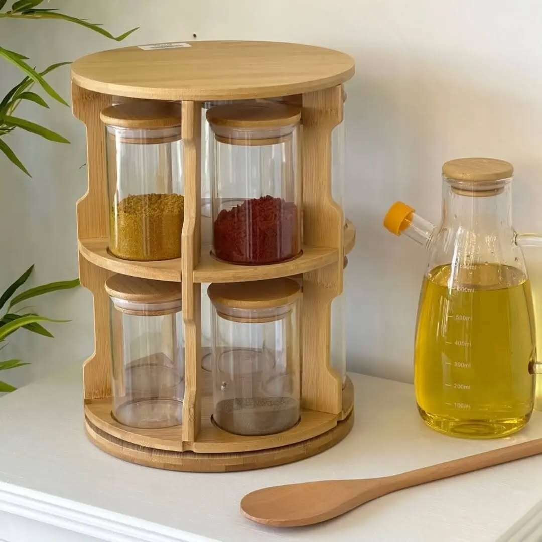 Étagère à Épices Rotative 360° en Bois et 10 Bocaux